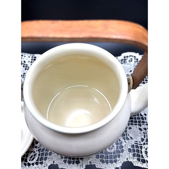 Vintage Porcelain Enameled Small Tea Kettle Wheat Design with Wood Handle 1970s - Picture 8 of 9